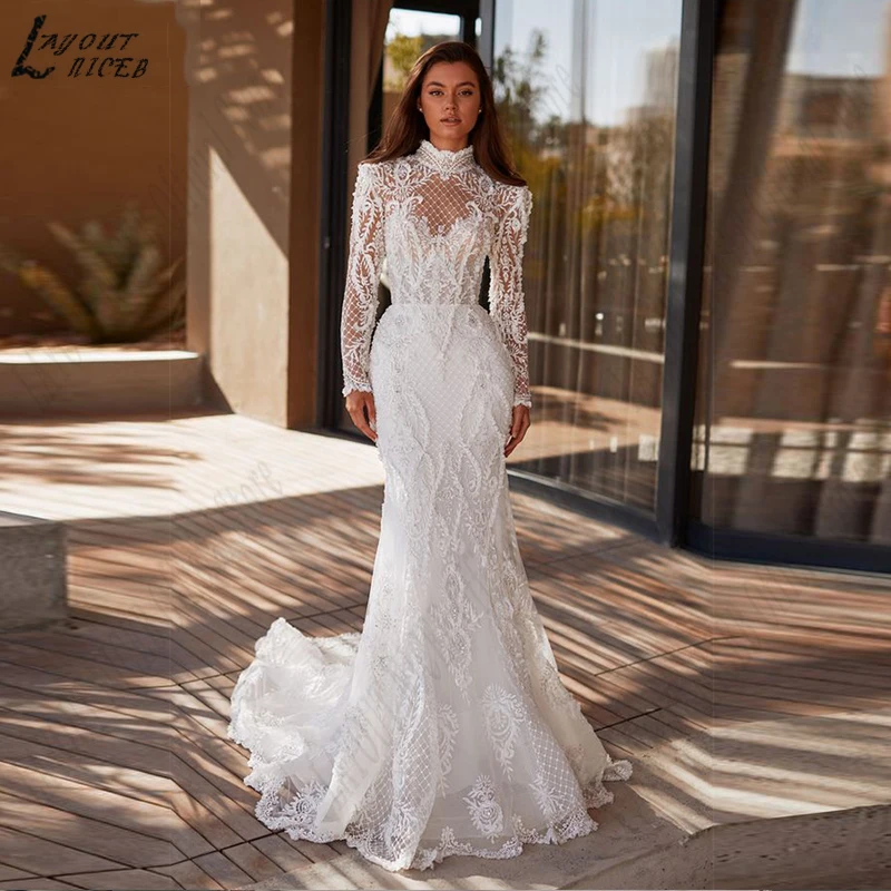 

LAYOUT NICEB O-Neck Lace Wedding Dress Appliques Long Sleeves Wedding Gowns Bride Vestidos De Noiva Mariage Luxury Custom Made