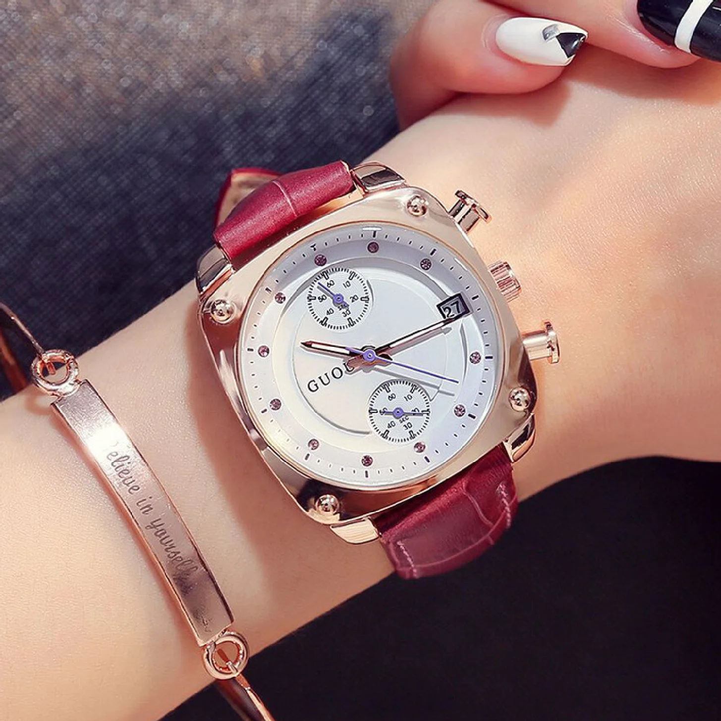 

Fashion TOP GUOU Brand Women Calendar Watches Lady's Luxury Wristwatches Genuine Leather Dress Watch Square watch Bracelet Clock