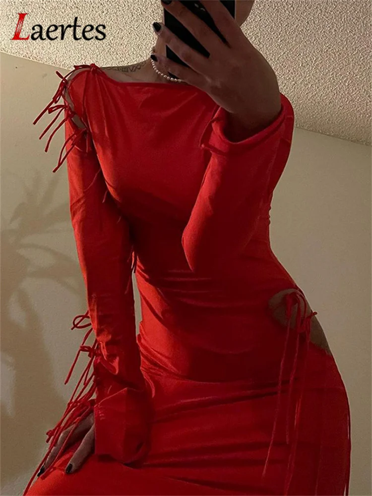 

Zenaide 2023 Spring Summer Long Sleeve Bandage Maxi Red Dress Women Bodycon Hollow Out Dresses Party Club Clothes Female