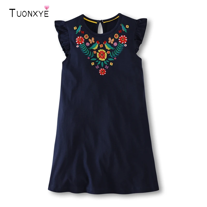 

Jumping Meters Girls Short Sleeve Dress Lovely Embroidered Birds Flower Pocket Stripes Cotton Knitting Breathable Casual Dresses