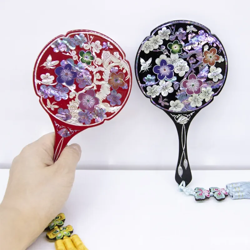 

Mother of Pearl Princess Red Cosmetic Makeup Hand Held Mirror with Butterfly Design Handheld Makeup Mirror With Sea Shell Inlaid