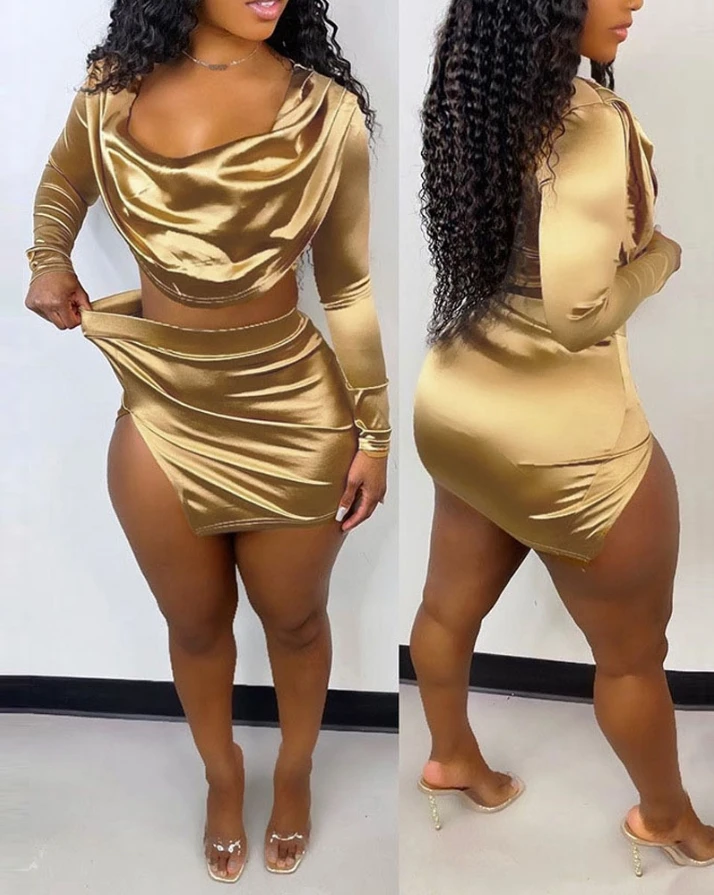 

Sexy Metallic Long Sleeve Crop Top Slit Skinny Skirt Set casual two piece sets womens outifits new fashion Mini Night Out female