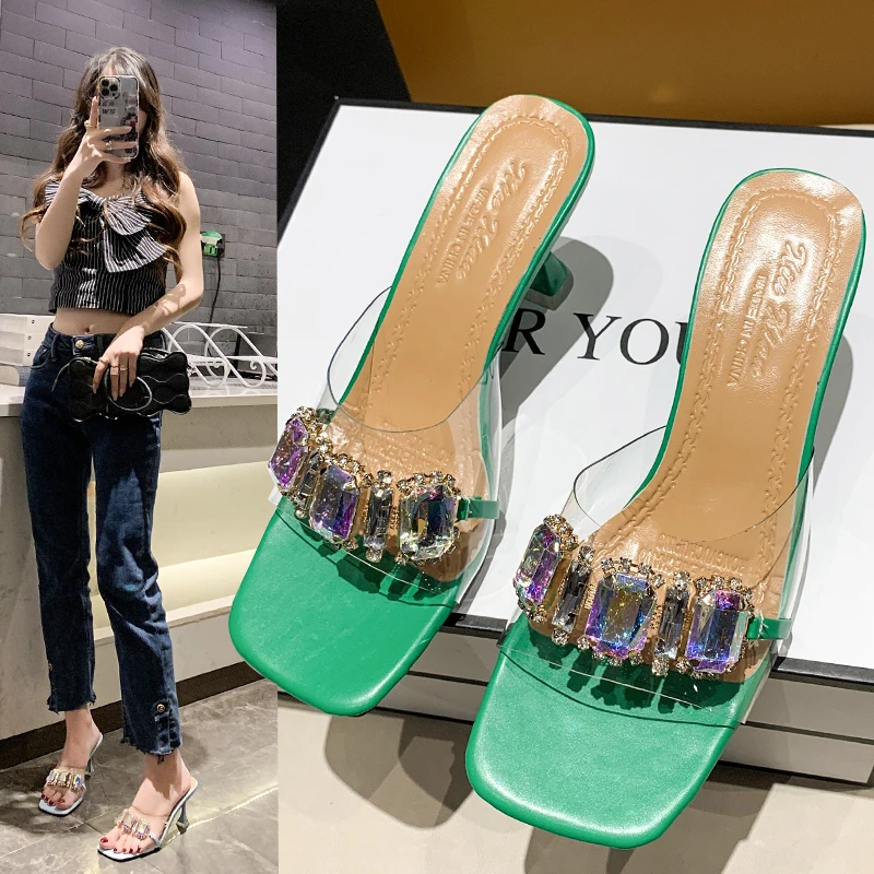 

Summer 2022 new transparent square toe fashion slipper heels for women rhinestone heels