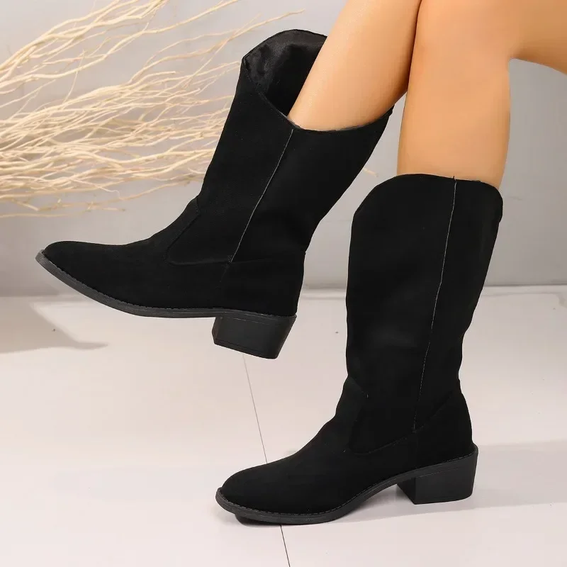 

Женские сапоги без застежки, однотонные теплые сапоги до середины икры из флока с круглым носком, на массивном каблуке, в римском стиле, зимняя обувь, 2023