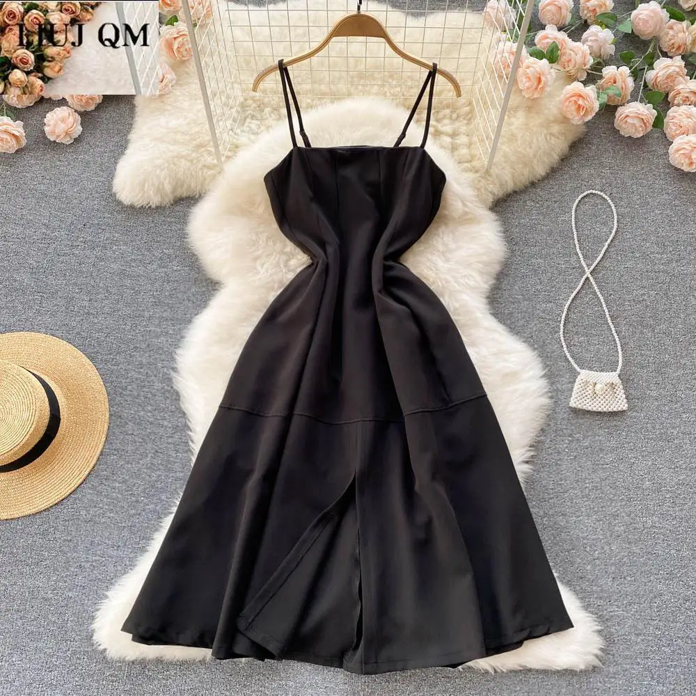 

Женское черное платье на бретелях-спагетти, летнее Новое привлекательное Модное Длинное платье без рукавов с открытыми плечами и большим р...