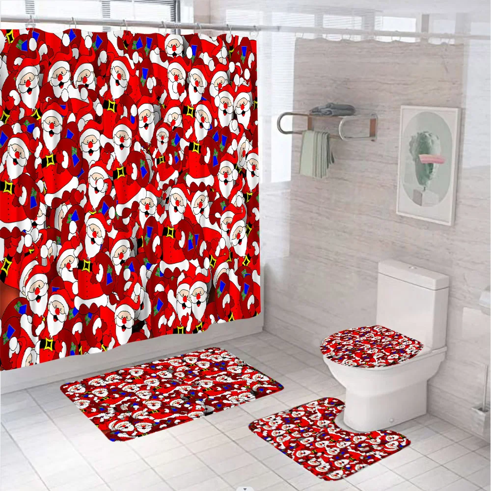 

Santa Claus Shower Curtain Sets Christmas Snowman Cartoon Xmas Non-Slip Rugs Toilet Lid Cover Bath Mats Bathroom Decor Curtains