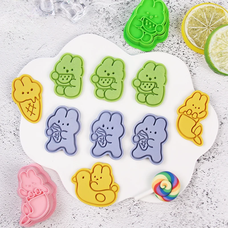 

2Pcs/Set Summer Cute Rabbit Cookies Stamps and Cutters 3D Cartoon Bunny Fondant Biscuit Cake Printing Mold for Cake Decorating