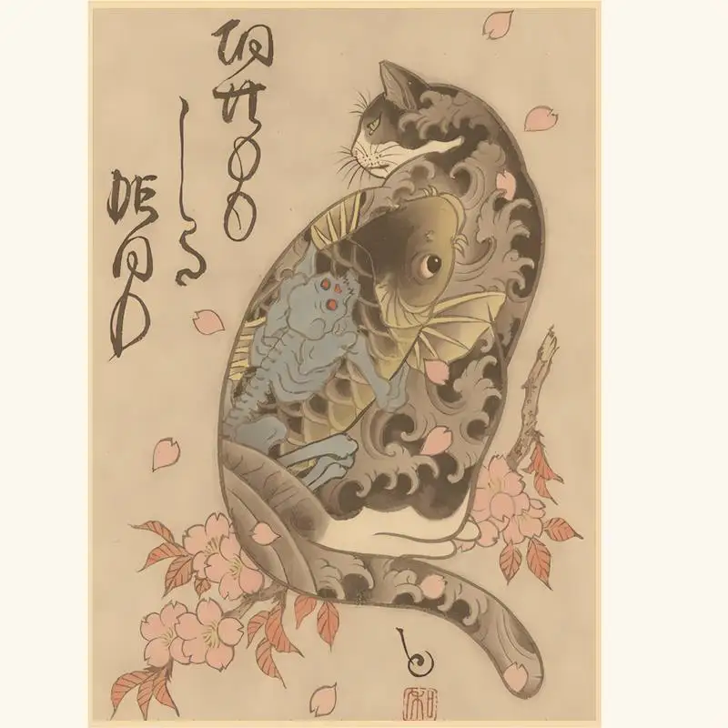 Постер в стиле ретро с изображением японской кошки самурая |