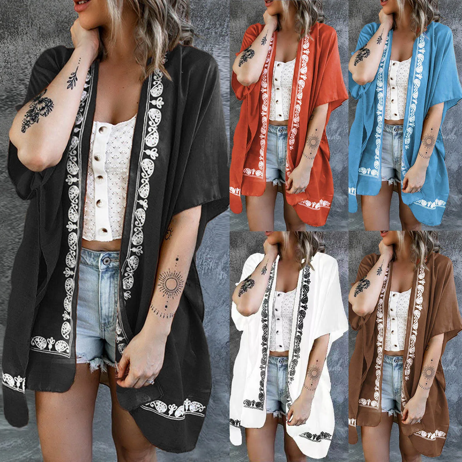 

Women's Print Cardigan Shirt Blouse Summer Kimono Long Sleeve Boho Beach Cover Tops Ladies Long Blouse Kimono Plus Size biquini