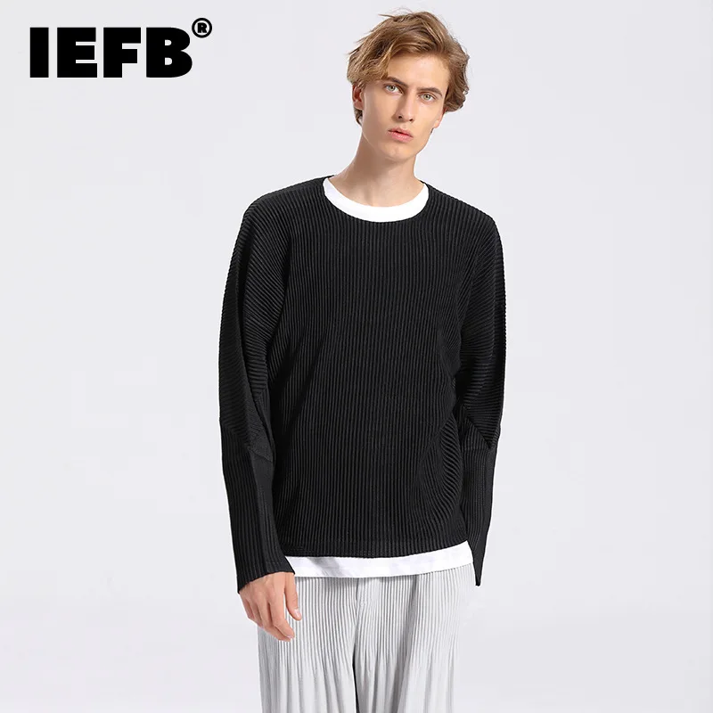 

Футболка IEFB Мужская плиссированная с длинным рукавом, модный топ в японском стиле, однотонная повседневная с круглым вырезом, 9A7610, весна 2023