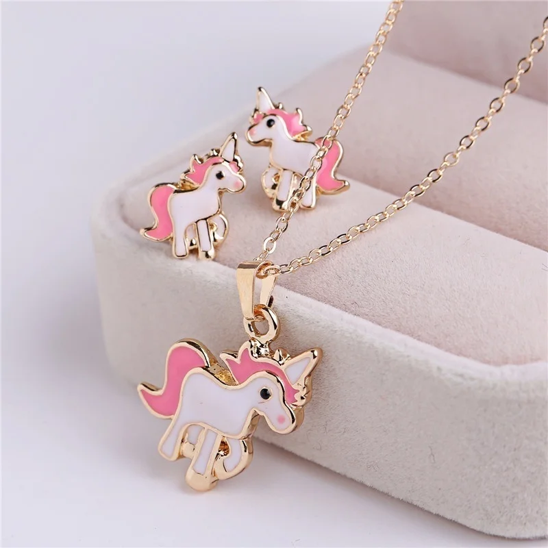4 In 1 Cute Children Adult Pony Earring and Necklace Set Cartoon Unicorn Necklace Earrings Jewelry Pink Girls Xmas Jewelry Gift