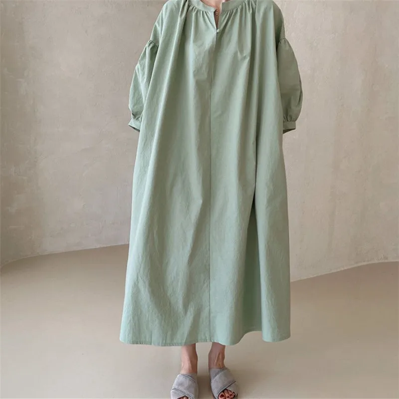 

SuperAen 2022 Весенние новые свободные повседневные трапециевидные платья до щиколотки с рукавами-фонариками и круглым вырезом для женщин