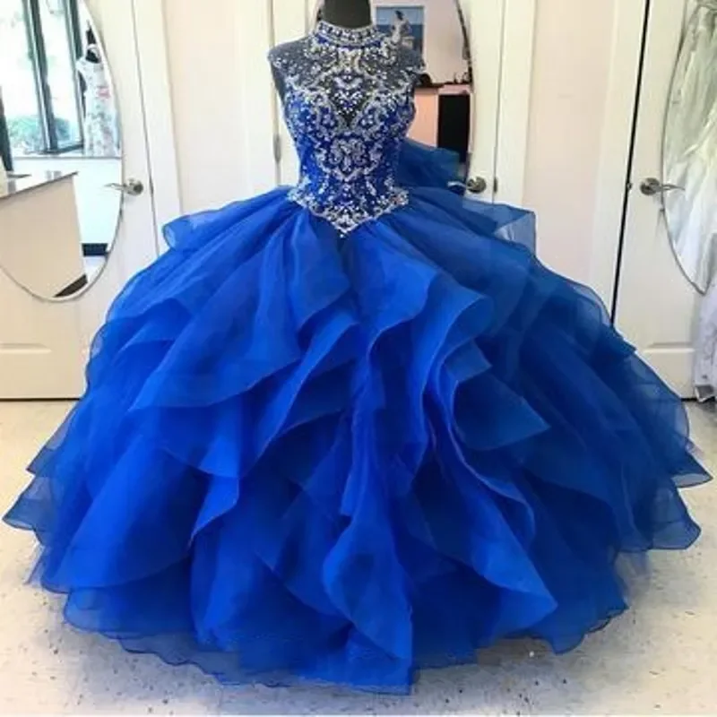 

Iridescent Royal Blue Quinceanera Dresses High Neck Crystal Beaded Bodice Corset Organza Layered Ball Gown Princess Prom Lace Up