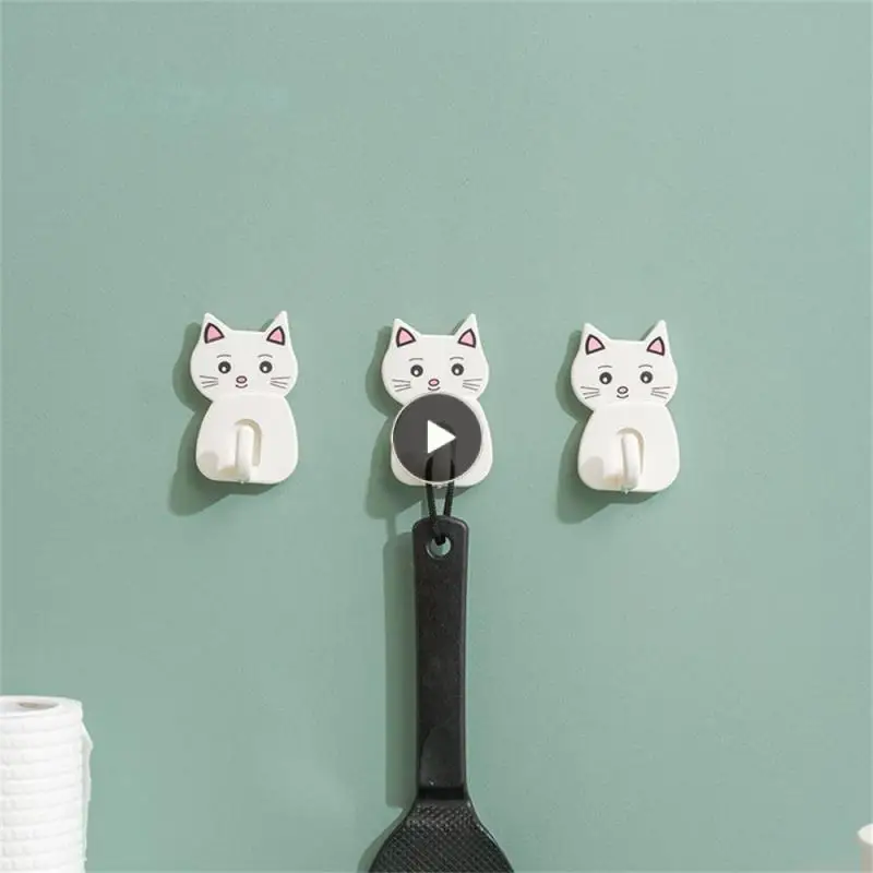

2/ Cute Cat Shape Seamless Paste Hook Waterproof Moisture-proof Wall Hooks Strong Load-bearing Adhesive Design White Abs