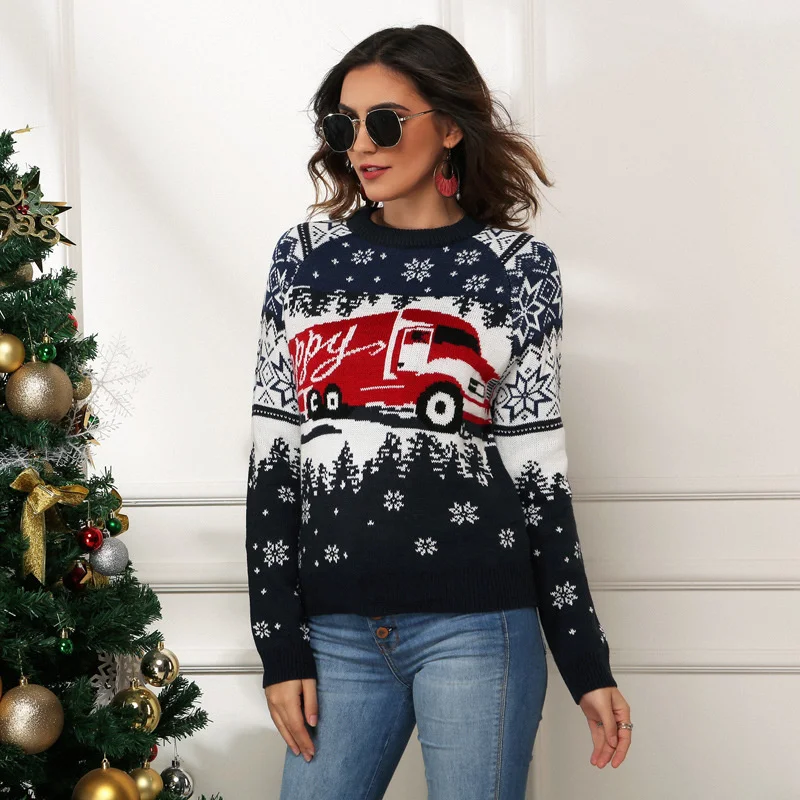 

2023 new Casual Women's Christmas pullover sweater snowflake long sleeved knitted top loose jacquard knit sweater