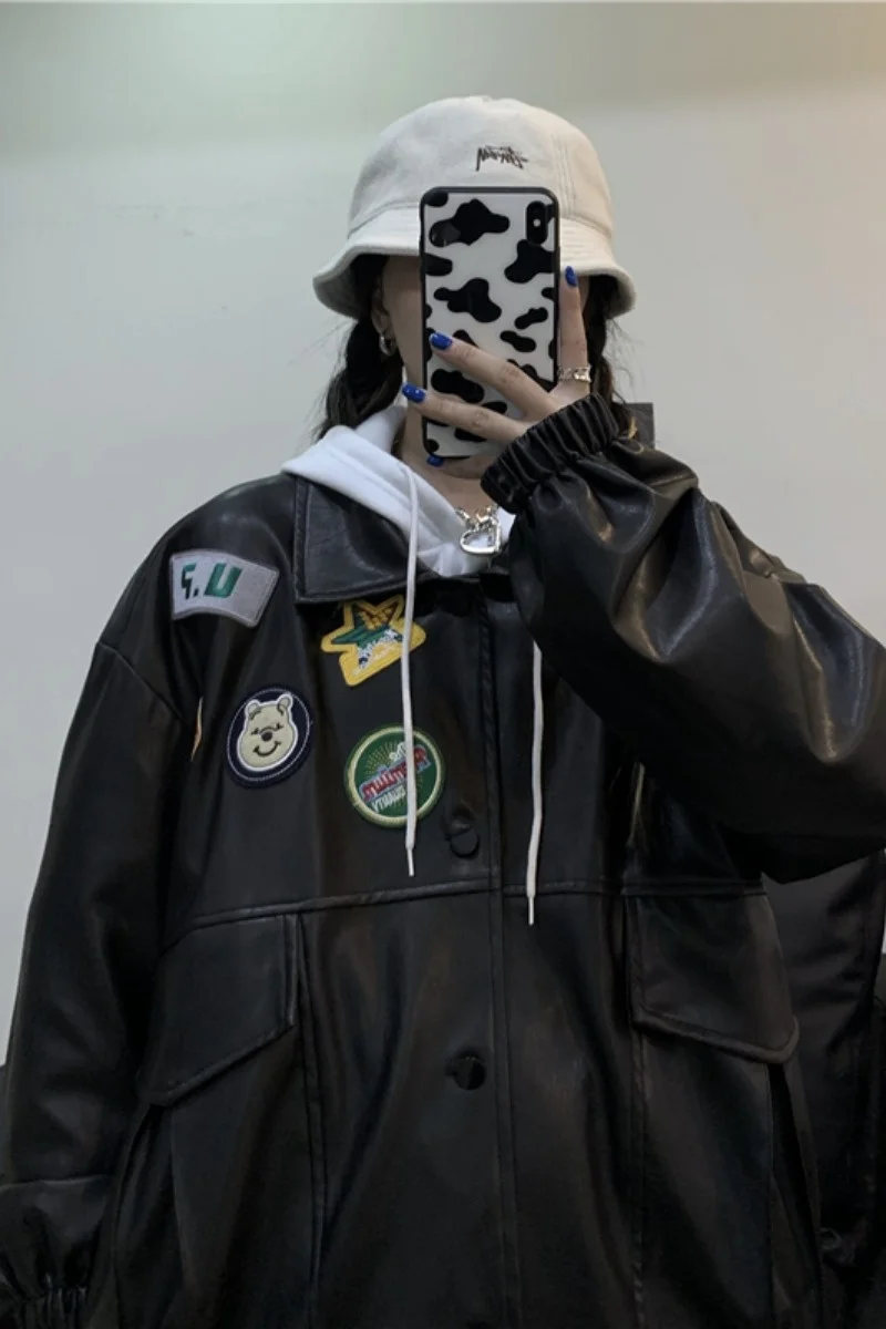 Leather Coat Women's Couple Jacket 2022 Autumn And Winter Ins Embroidered Logo New PU Lovers' Loose Long Sleeve Bomber Coat