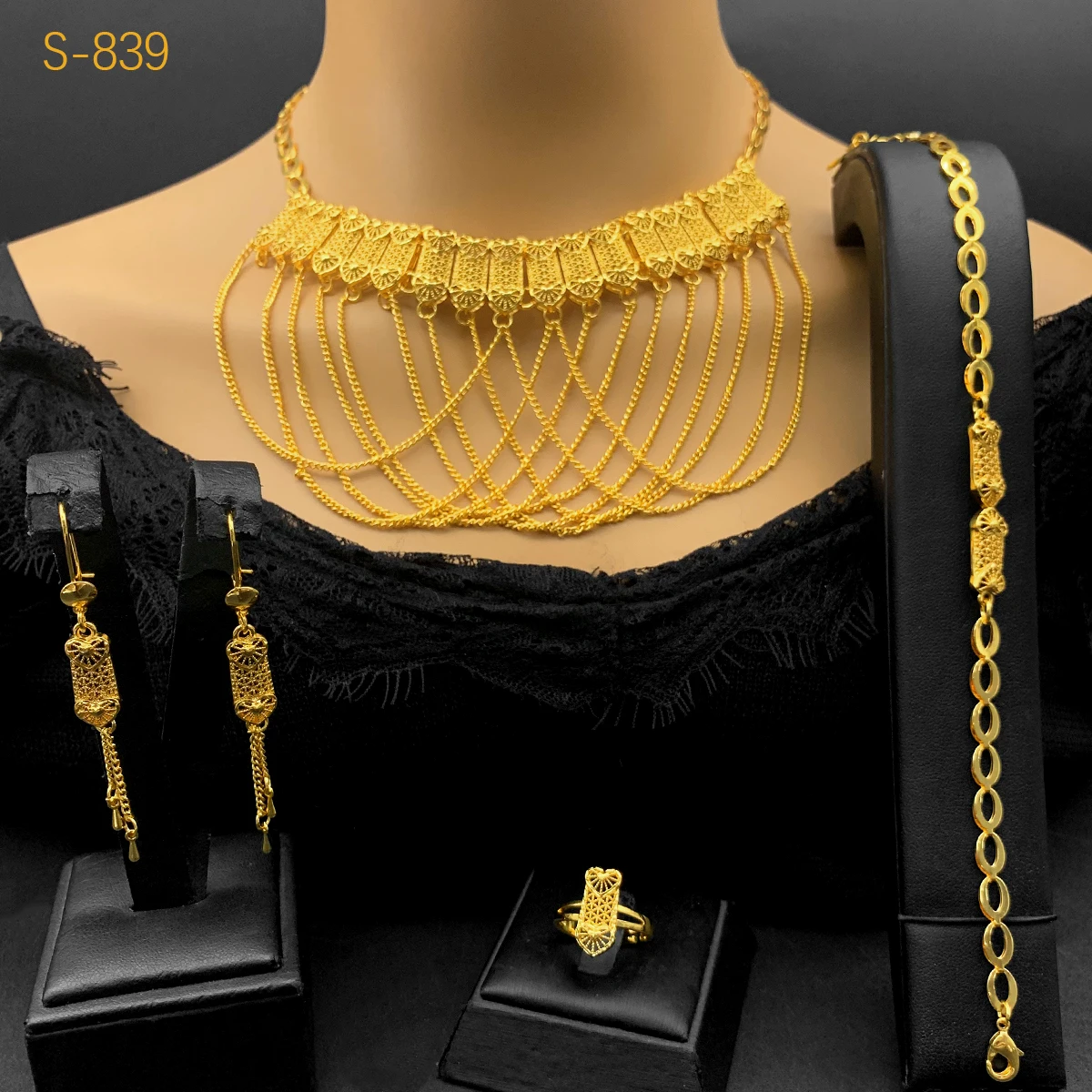 Фото Роскошный индийский Дубай, 24K, золотой цвет, искусственное свадебное нигерийское ожерелье с кисточкой, браслет, серьги, кольцо, наборы, набор украшений для женщин Gift №2