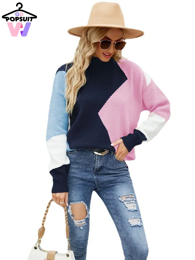 Женский свитер с геометрическим узором Свободный пуловер круглым вырезом и