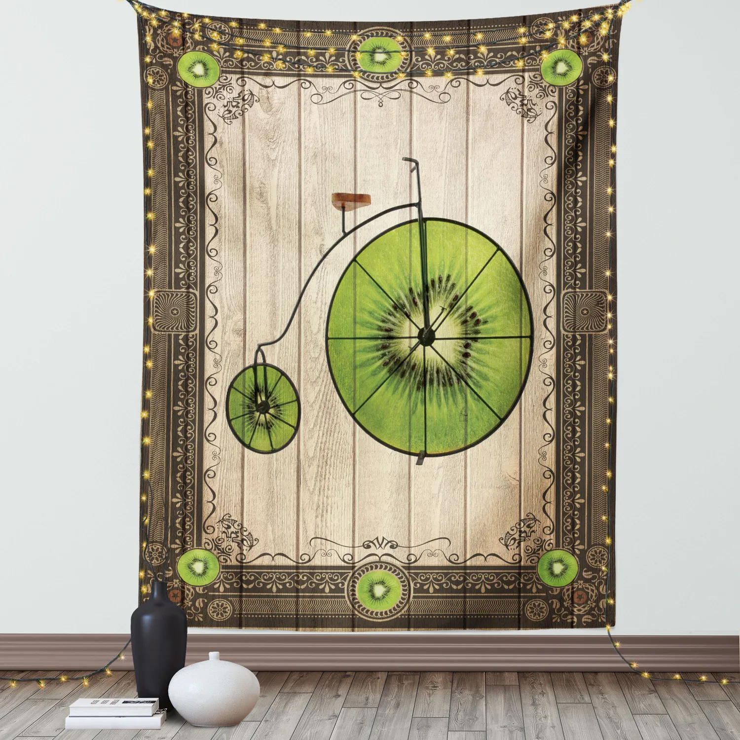 Гобелен киви в абстрактном стиле ретро с фруктами и колесами атласная ткань
