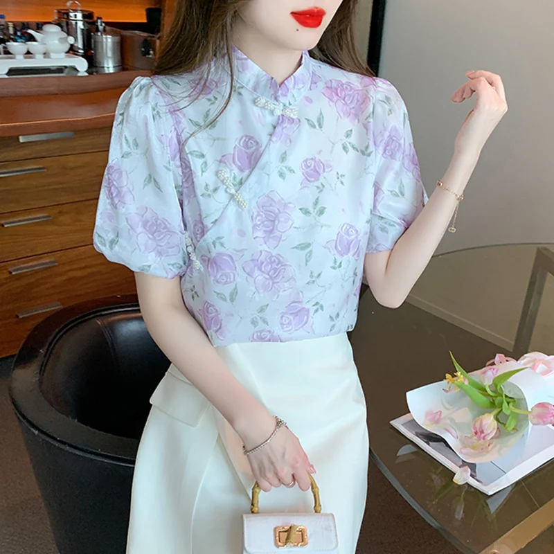 

Shirt for Women Summer 2023 New In Floral Printed Blouses Chinese Style Slim Fit Short Puff Sleeves Vintage Top YCMYUNYAN