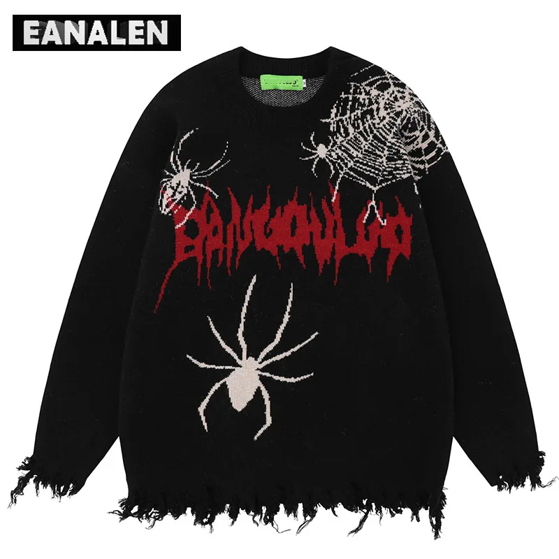 

Свитер в стиле Харадзюку с кисточками и графическим рисунком паука мужской зимний винтажный Готический вязаный пуловер оверсайз свитер в стиле дедушки уродливой женский Y2K