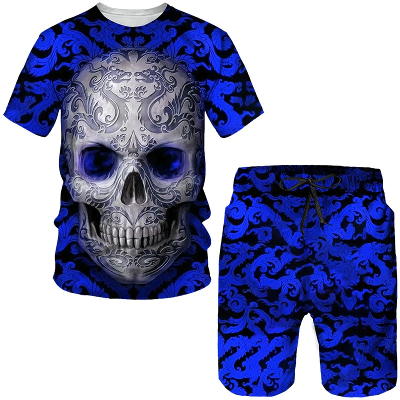 

2023 New Men's Skull 3D Printed Tees/Shorts/Suits Gothic Punk T-Shirt Casual Hip Hop Street Clothing Summer Joggers 2 Piece Sets