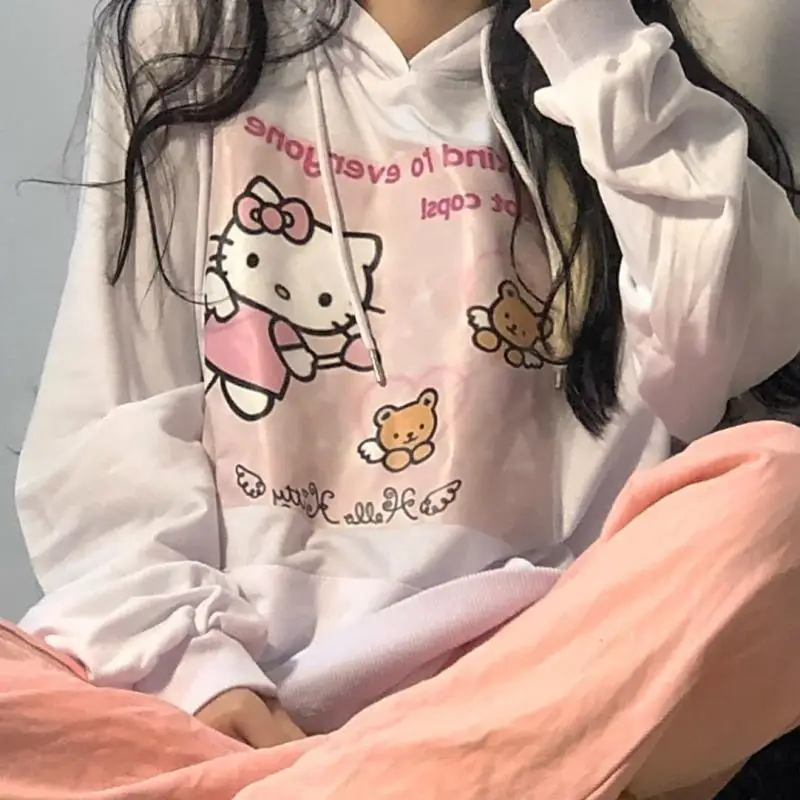 

Kawaii Sanrio Hello Kitty Hooded Sweater Girl Cute Cartoon White Thickened Sweater JK Academy Top Girl Birthday Christmas Gift