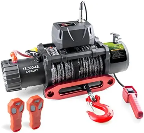 

WINCH 13500lb TANK Waterproof Synthetic Rope Winch 12V with Hawse Fairlead, 2 in 1 Wireless Remote,Double color rope，for Truc