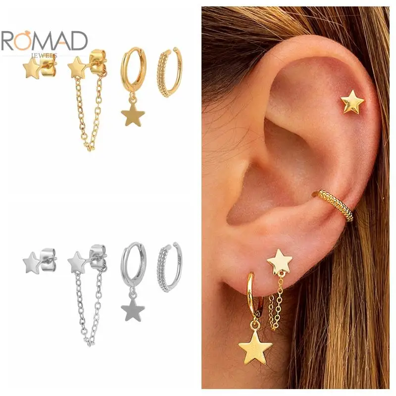 

ROMAD Irregular 2022 Trendy Gold Star Pendant Earrings For Women Chain Round Hoops Earrings Jewelry Sets Aretes De Mujer