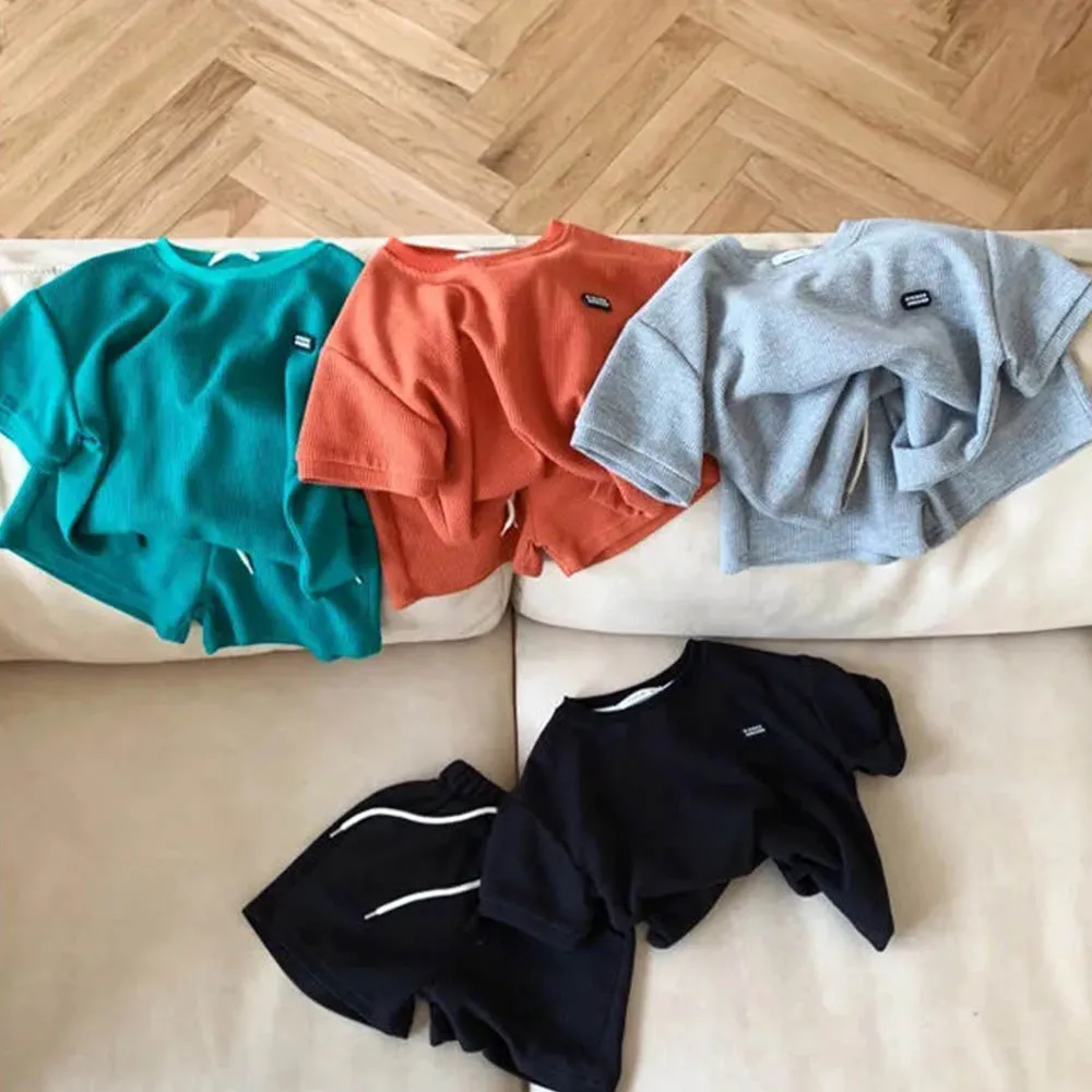 

Menoea/Детские комплекты одежды коллекция 2022 года, Летний Детский Повседневный однотонный костюм с короткими рукавами и шортами на шнуровке к...