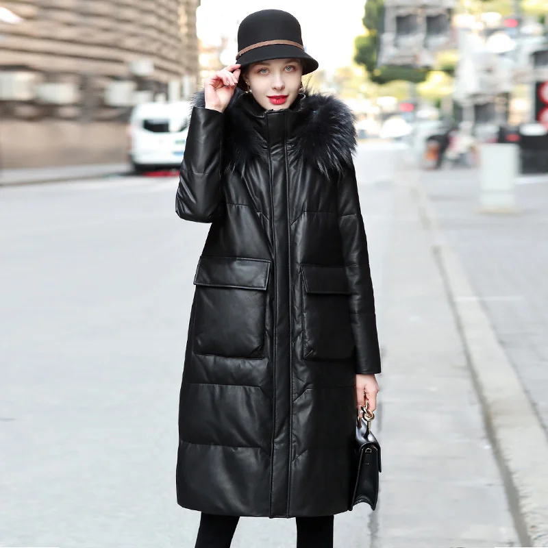 

2023 Real Sheepskin Leather Jackets Women Raccoon Fur Collar Hooded Coat Female 90% White Duck Down Women's Down Jacket Ropa Zjt