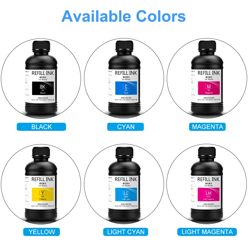 6×250ML LED UV Ink For DX4 DX5 DX6 DX7 DX10 TX800 XP600 Printhead Epson 1390 L800 L1800 L805 R1800 R1900 (BK C M Y LC LM) - купить по