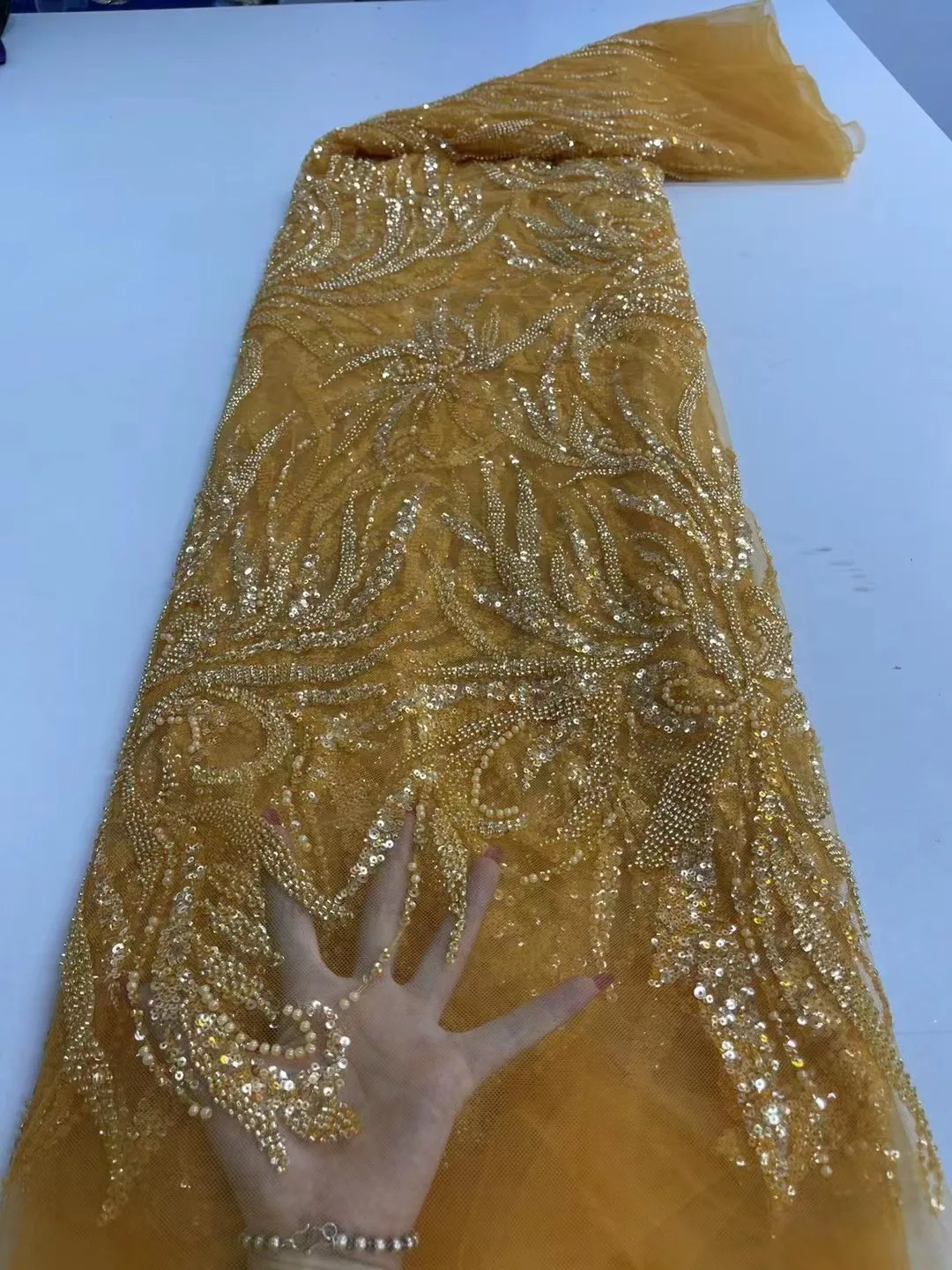 

Роскошное плотное свадебное платье с золотыми бусинами, кружевная ткань, Высококачественная Тюлевая блестящая кружевная ткань для вечернего платья, 5 ярдов/штука