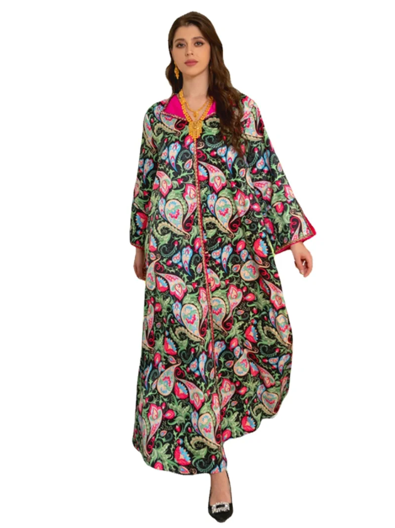 Modest Muslim Moroccan Kaftan Dubai Abaya Dress for Women Eid-al-Adha 2023 New Twist Rhinestone Tape Ethnic Print Robe