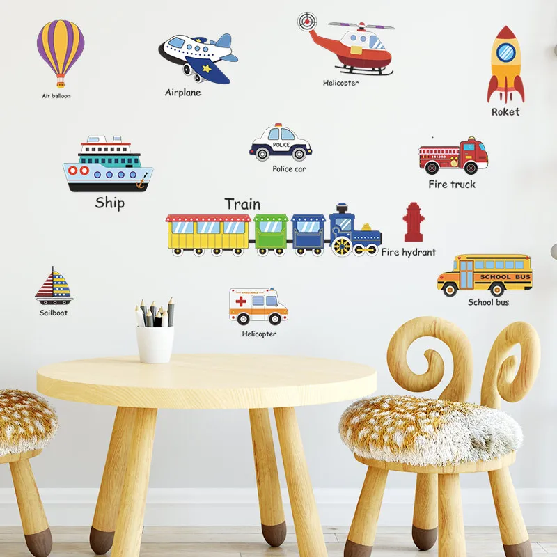 

Cartoon vehicles, cars, ships and planes combined wall stickers children's room DIY background wall decoration PVC wall decor