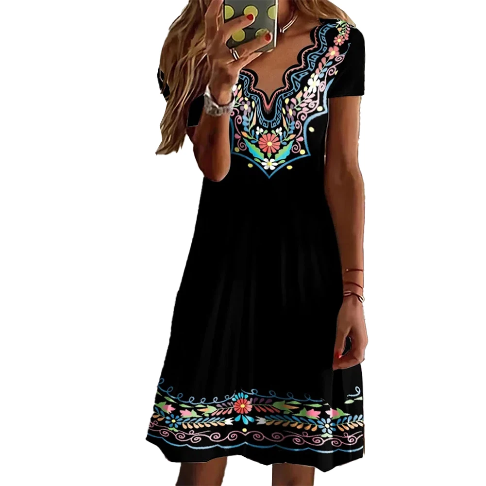 

Womens Floral Dress Holiday Beach Ladies Summer V Neck Short Sleeve Mini Sundress Retro Printed Vestidos De Mujer Streetwear