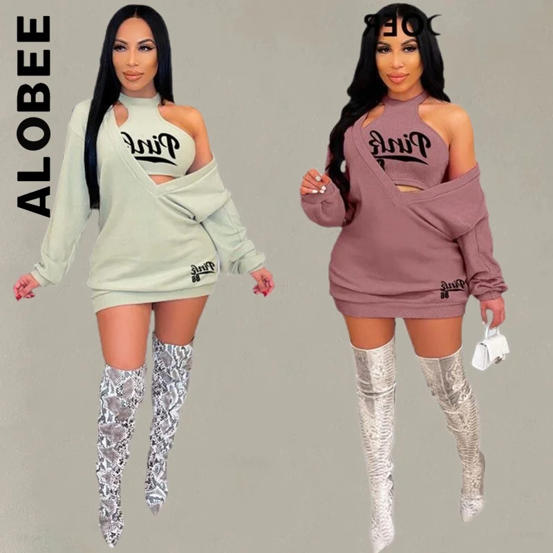 

Alobee Women Set New Retro V Neck Loose Dress Sets Crop Vest+Sexy 2 Piece Set Loose Chic Women's Tracksuit Set Female