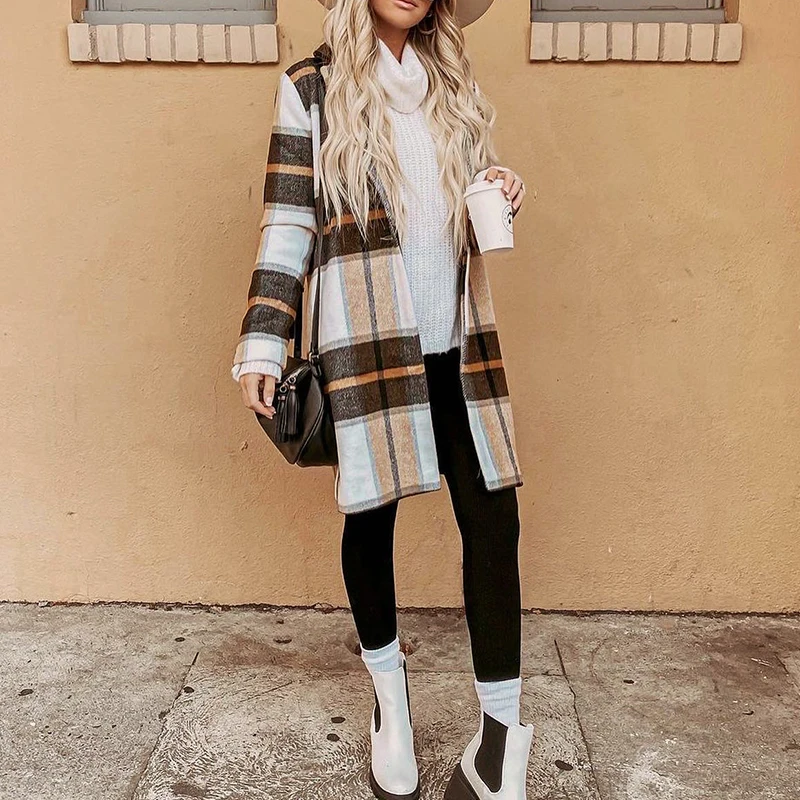 

Женский Длинный клетчатый кардиган, элегантная офисная куртка с отложным воротником и длинным рукавом, облегающий кардиган, верхняя одежда...