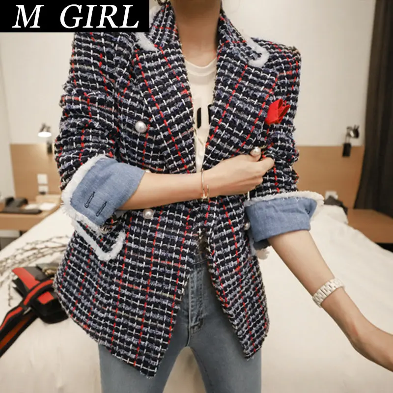M GIRLS Korean Women Coat Chic Temperament Casual Retro Double Breasted Turn Down Collar Plaid Tweed Outwear Femme Mujer Jacket