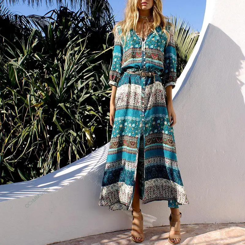 

2022 Long Maxi Dresses Bohemia V-neck Three Quarter Sleeve Floral Print Ethnic Summer Beach Female Split Stylish Style Dress
