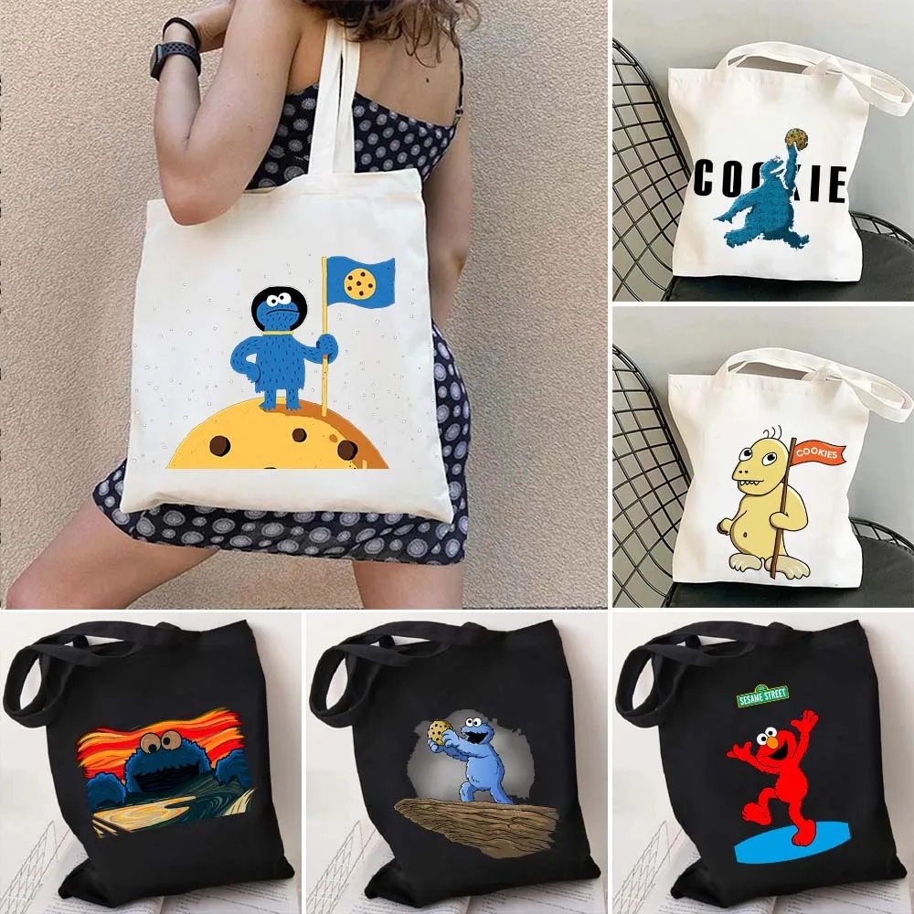 

Smile Face Elmo Cookie Monster Elmo's Street Cartoon Women Canvas Shopper Bag Girl Cotton Tote Bag Shoulder Eco Shopping Handbag