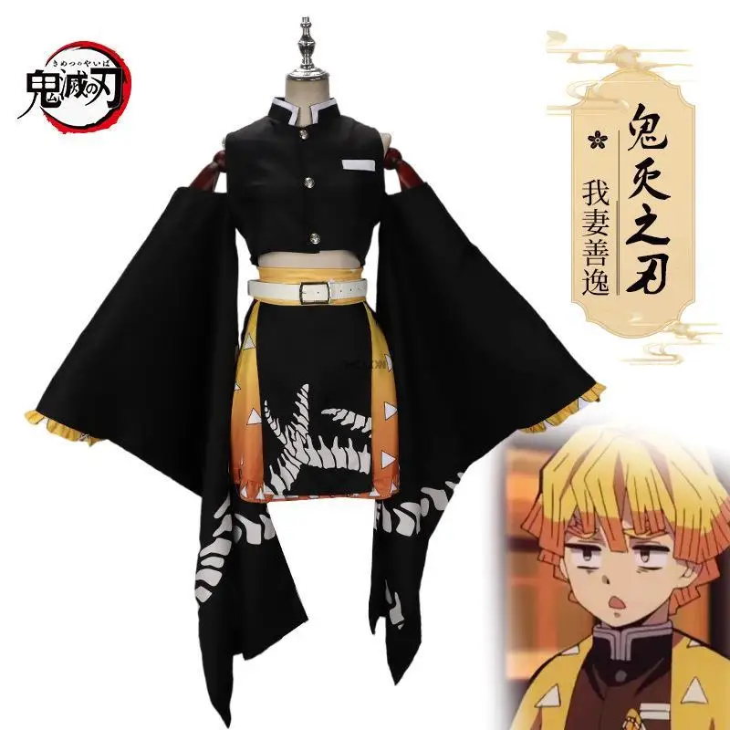 

Аниме, рассекающий демонов, киметасу, No Yeyang Zenko Gaun Hitam Wanita Perempuan Agatsuma Zenitsu, Женский маскарадный костюм