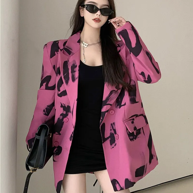 

New suit jacket for fall 2022 Design sense small niche in the long loose suit printed top trend women clothing blazer mujer