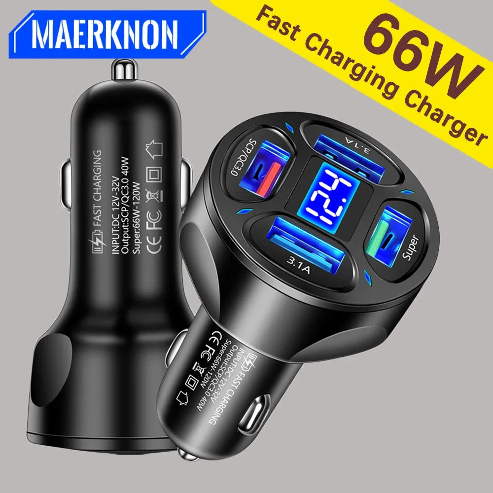 

66W 4 Ports Car Charger Fast Charging Phone Adapter QC 4.0 3.0 For iPhone 15 Samgsung Oneplus Xiaomi Portable USB Car Chargers