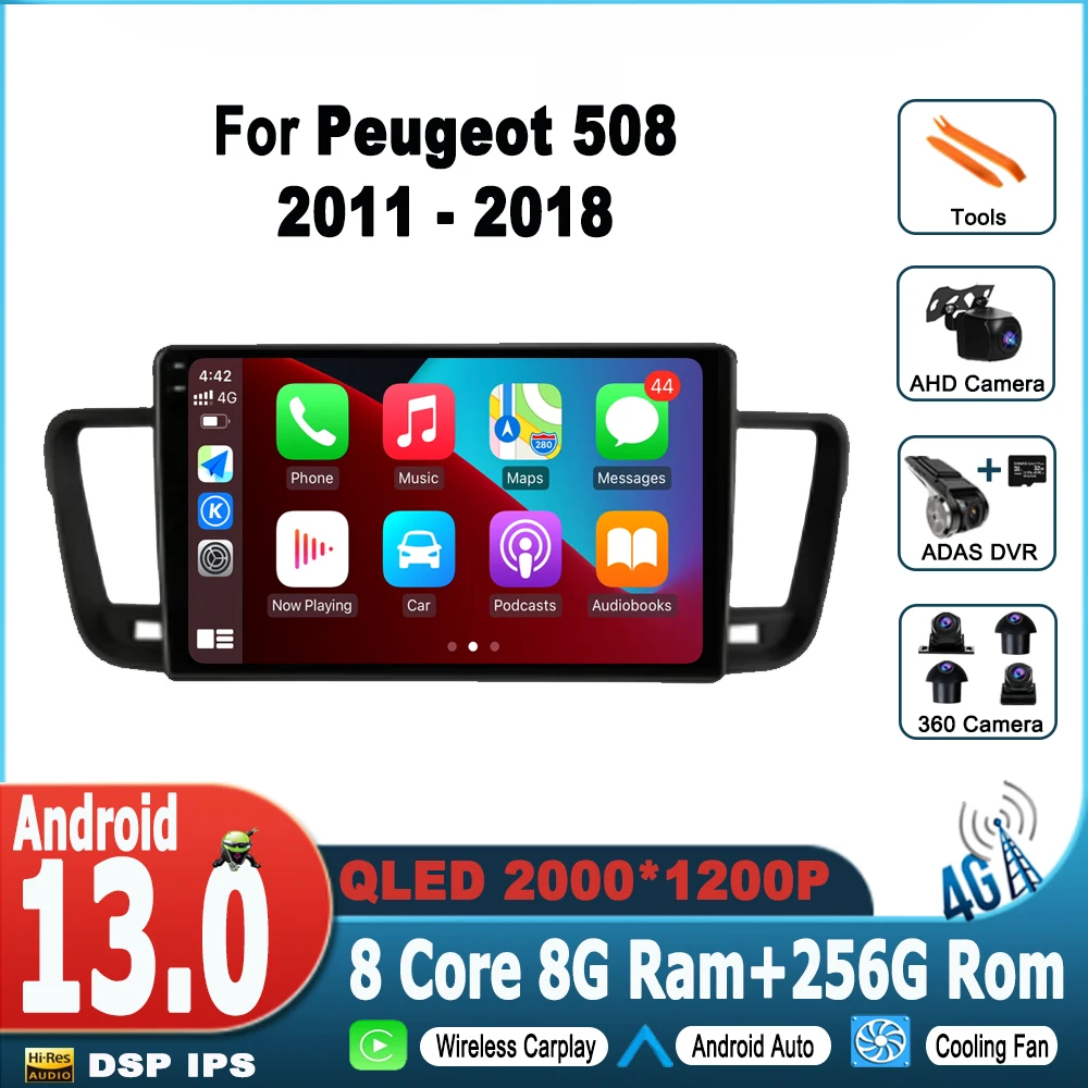 

2Din Car Radio Multimedia Video Player For Peugeot 508 2011 - 2018 QLED Screen Carplay Android 13 Auto Stereo NO 2 Din DVD