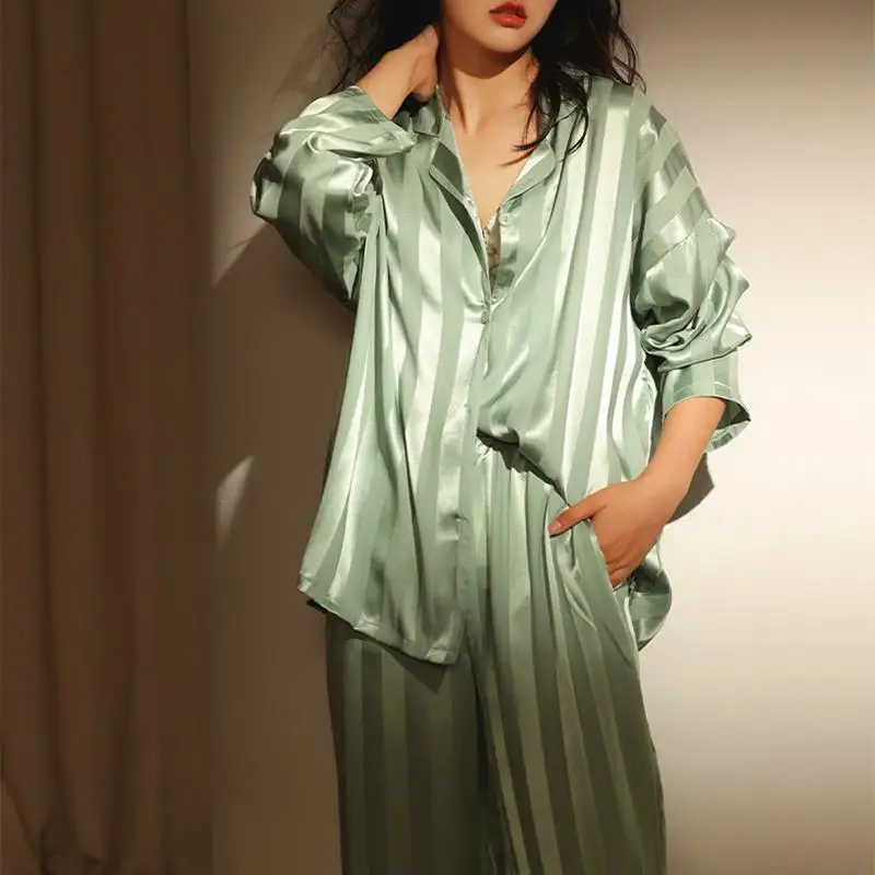 

2023 Women Nightwear Grid Stripe Luxury Ice Silk Pajamas Set Long Sleeve Soft Sleepwear Female Spring Summer Large Size Homewear