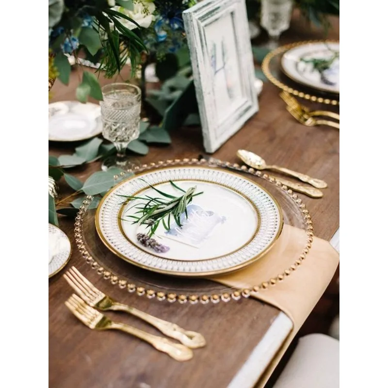 

European Gold Beaded Glass Plate Western Food Plate Steak Plate Home Tableware Set Banquet Dessert Premium Plate