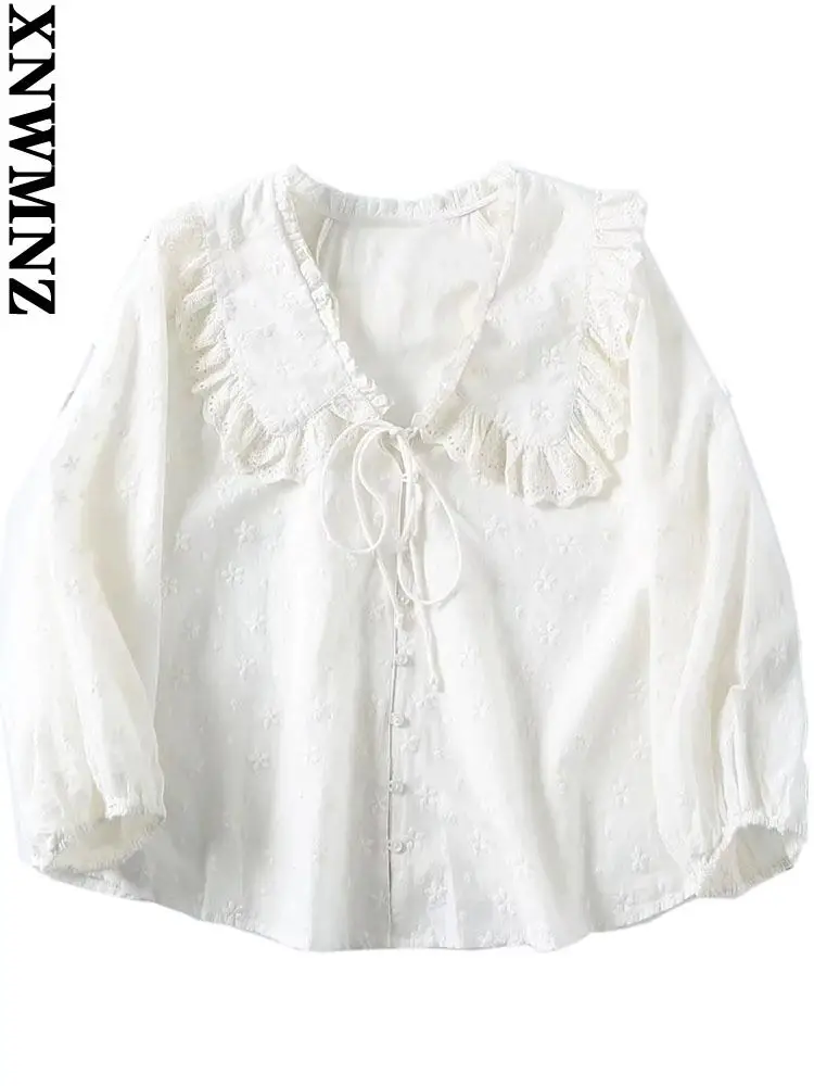 

XNWMNZ blusas de mujer elegantes мода Питер Пэн воротник вышитые блузки белые рукава три четверти женские рубашки шикарные топы