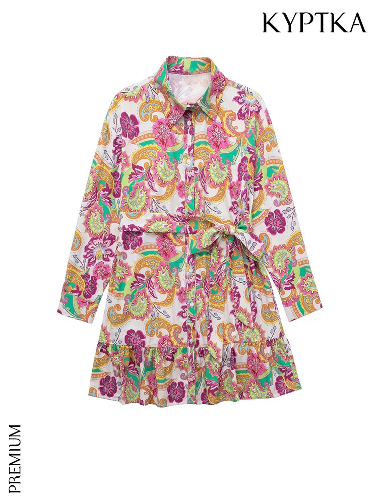 

Женское мини-платье с поясом KYPTKA, черное винтажное платье с длинным рукавом, пуговицами спереди и оборками на лето 2019