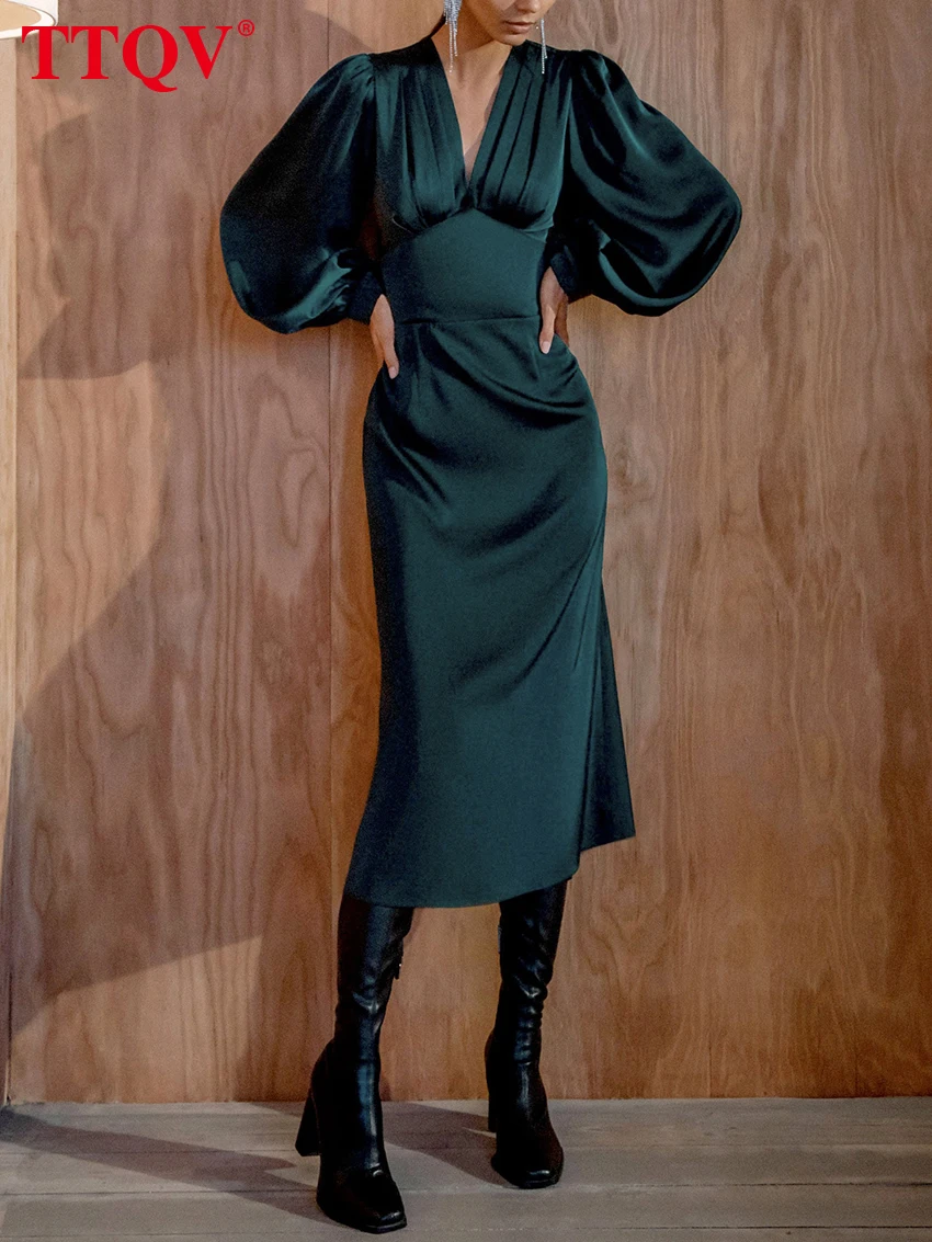 

TTQV Elegant Blue V-neck Dress For Wome 2023 Casual Puff Sleeve High Waist Dresses Fashion Straight Midi Dresses Female Clothing